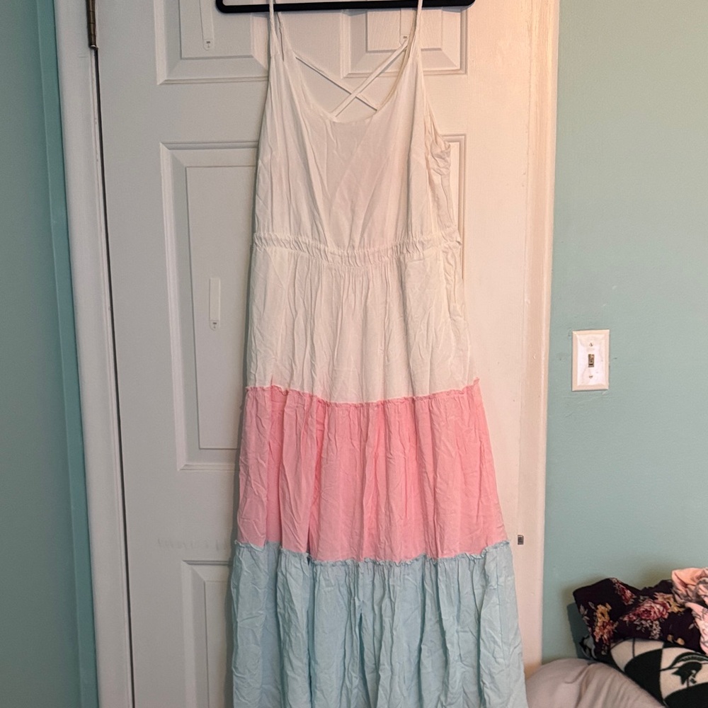 Torrid White, Pink, Blue dress with bow in the back